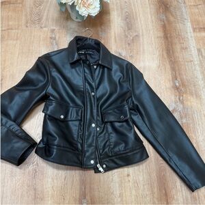 Zara Black Leather Jacket with Metallic Details